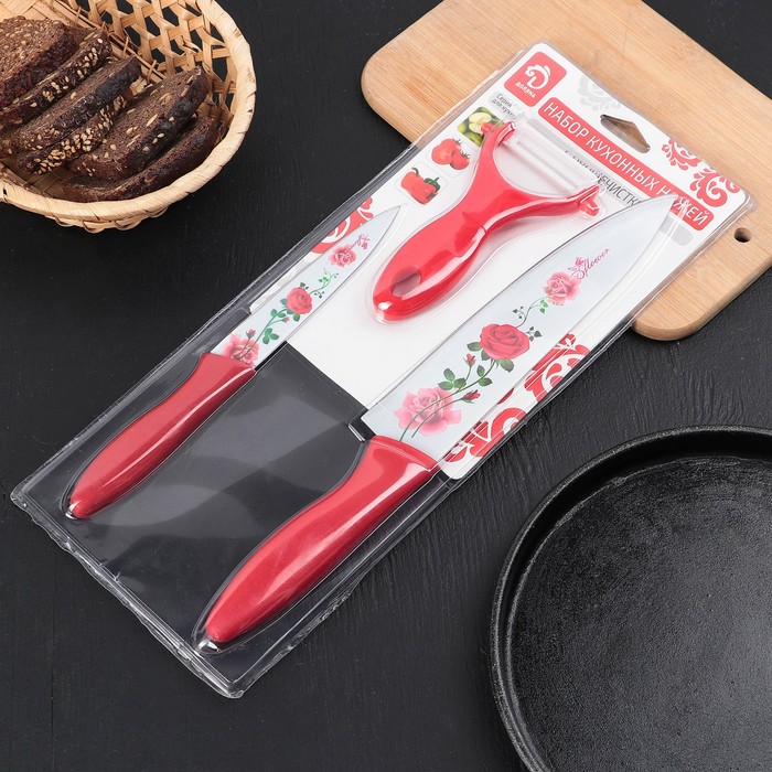Набор кухонных принадлежностей Доляна «Нарцисс», 3 предмета: 2 ножа с антиналипающим покрытием, лезвие 12 см, овощечистка, 20×4 см, цвет красный - фото 1906866427