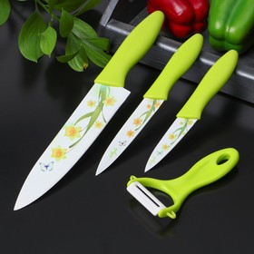 Набор кухонных принадлежностей, 4 предмета: 3 ножа с антиналипающим покрытием, лезвие 8,5 см, 12 см, 20 см, овощечистка, цвет зелёный