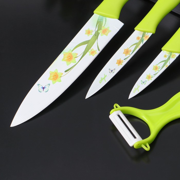 Набор кухонных принадлежностей Доляна, 4 предмета: 3 ножа с антиналипающим покрытием, лезвие 8,5 см, 12 см, 20 см, овощечистка, цвет зелёный - фото 1906866433