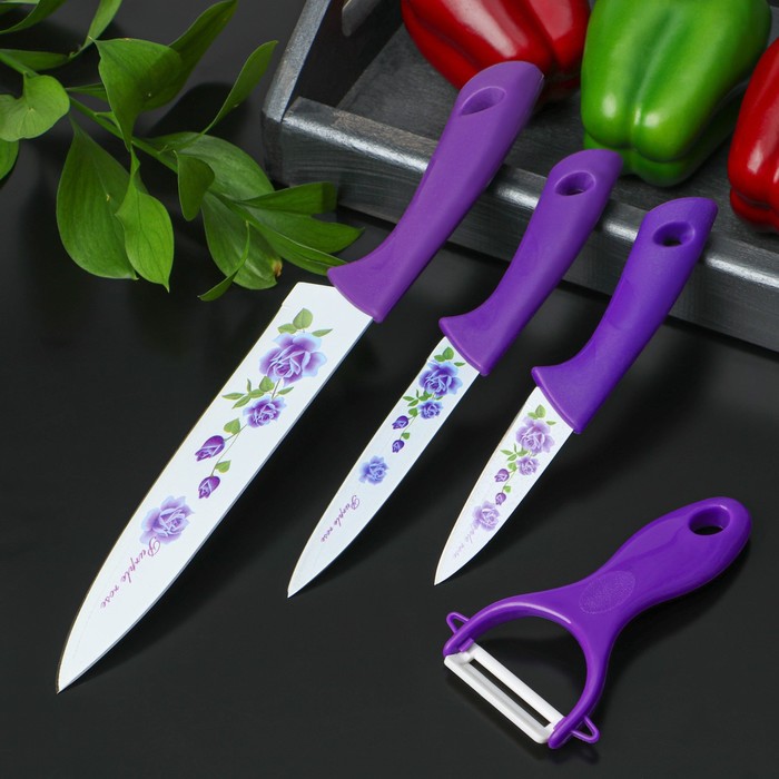 Набор кухонных принадлежностей Доляна, 4 предмета: 3 ножа с антиналипающим покрытием, лезвие 8,5 см, 12 см, 20 см, овощечистка, цвет фиолетовый - фото 1906866436