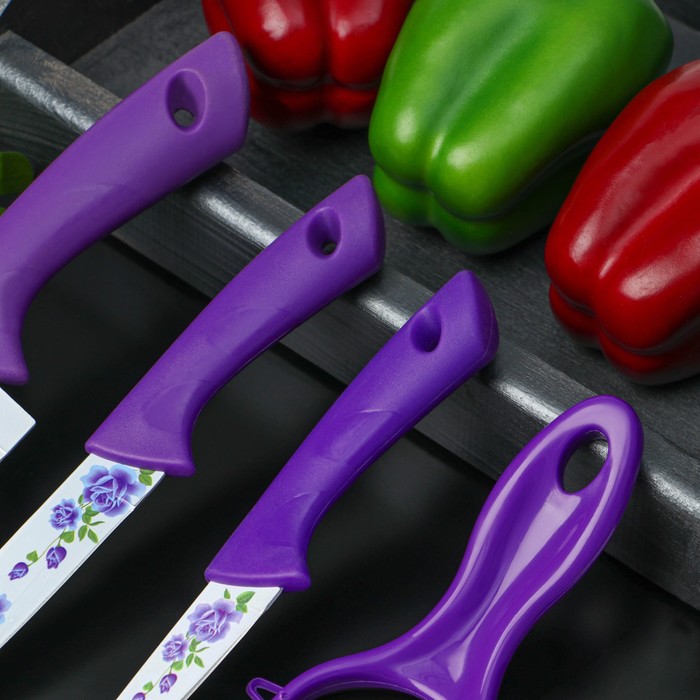 Набор кухонных принадлежностей Доляна, 4 предмета: 3 ножа с антиналипающим покрытием, лезвие 8,5 см, 12 см, 20 см, овощечистка, цвет фиолетовый - фото 1906866437