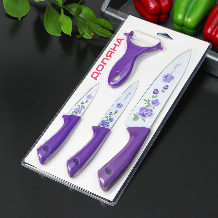 Набор кухонных принадлежностей Доляна, 4 предмета: 3 ножа с антиналипающим покрытием, лезвие 8,5 см, 12 см, 20 см, овощечистка, цвет фиолетовый - фото 1906866439