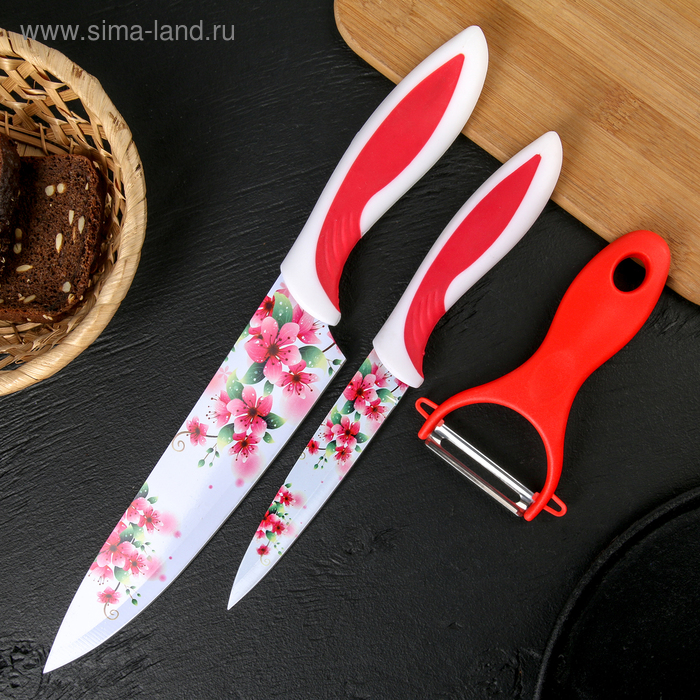 Набор кухонных принадлежностей «Цветник», 3 предмета: ножи 11,5 см, 19 см, овощечистка, цвет красный - Фото 1