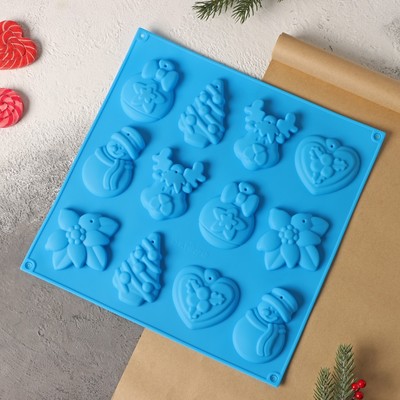 Форма для украшений 3D Доляна «Ёлочные игрушки», силикон, 30×30 см, 12 ячеек, цвет синий