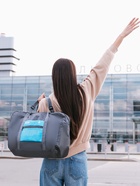 Сумка дорожная на молнии, складная в косметичку, наружный карман, держатель для чемодана, серая, голубая - Фото 2