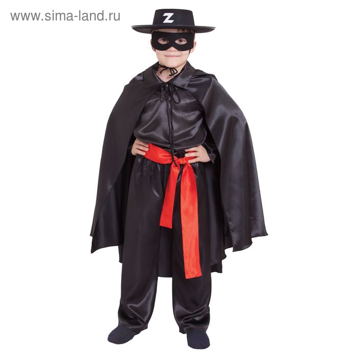 Карнавальный костюм "Зорро чёрный", шляпа, маска, чёрная рубашка, плащ, пояс, штаны, р-р 28, рост 98-104 см - Фото 1