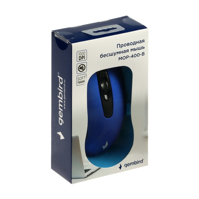 Мышь Gembird MOP-400, проводная, оптическая, бесшумная, 1000 dpi, USB, чёрно-синяя - фото 51293836