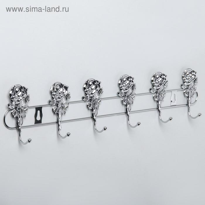 Вешалка настенная на 6 крючков Доляна «Розы», 42×8,9×3,3 см, цвет серебряный - Фото 1