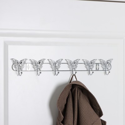 Вешалка настенная Доляна «Бабочки», 6 крючков, 34.5×3×6.5 см, серебряная