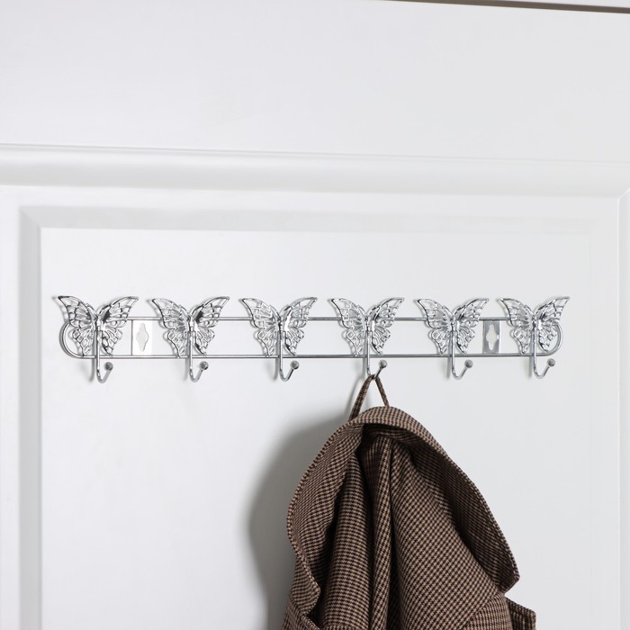 Вешалка настенная Доляна «Бабочки», 6 крючков, 34.5×3×6.5 см, серебряная - Фото 1