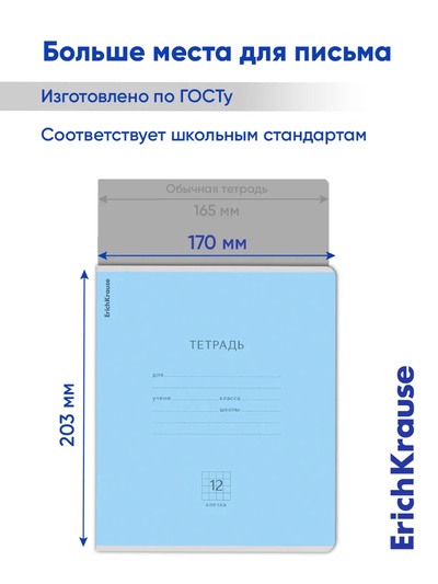 Тетрадь 12 листов в клетку ErichKrause «Классика», обложка мелованный картон, голубая