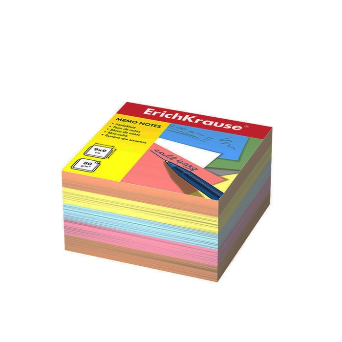 Блок бумаги для записей ErichKrause, 9 x 9 x 5 cм, плотность 80 г/м2, люкс, цветной - Фото 1