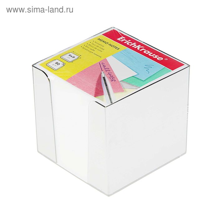Блок бумаги для записей ErichKrause, 9 х 9 х 9 см, в пластиковом боксе, плотность 80 г/м2, белый - Фото 1
