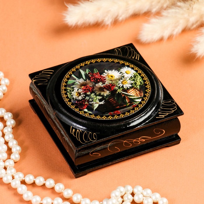 Шкатулка для украшений «Цветы», с накладкой, 10×10 см, лаковая миниатюра - Фото 1