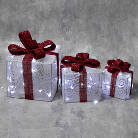 Светодиодная фигура «Подарки с красной лентой» 15, 20, 25 см, текстиль, металл, 220 В, 8 режимов, свечение белое