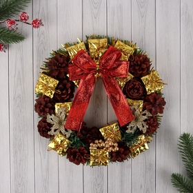 Венок новогодний d=22 см «Зимнее волшебство. Бант», бант с шишками и подарками