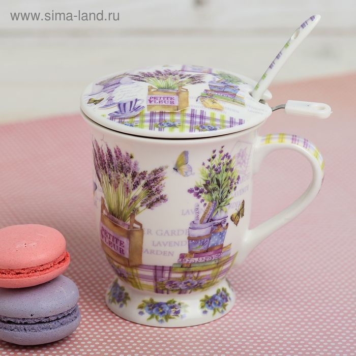 Кружка 300 мл «Букет лаванды», с ситом, ложкой и крышкой - Фото 1