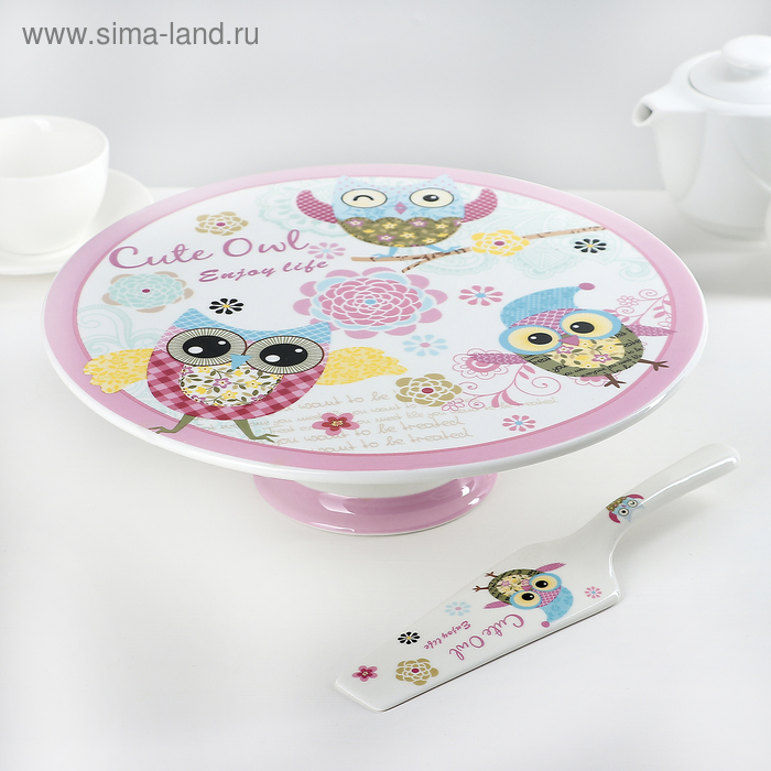 Подставка для торта 28,5х9,7 см "Веселая сова", с лопаткой - Фото 1