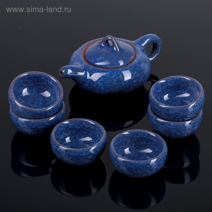 Набор для чайной церемонии керамический «Искушение», 7 предметов: чайник 150 мл, 6 чашек 50 мл, цвет синий - Фото 1