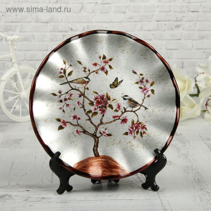 Тарелка декоративная керамика "Птицы на дереве с цветами" 20,5х20,5 см - Фото 1