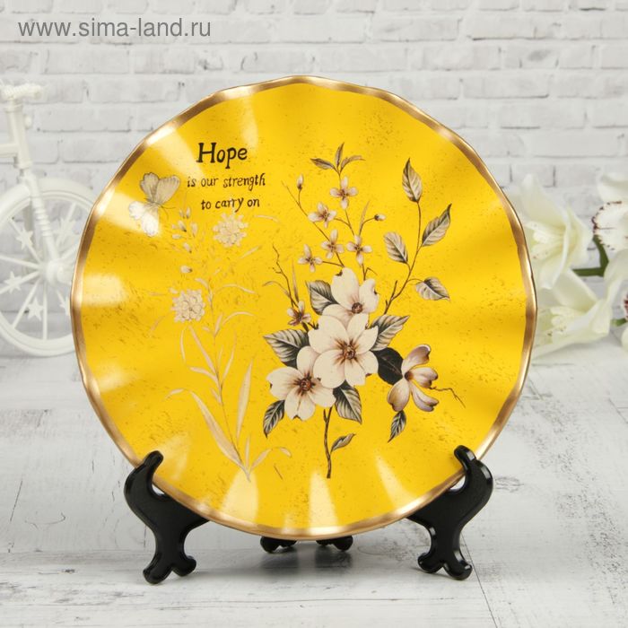 Тарелка декоративная керамика "Цветущая ветка яблони на жёлтом" 20,5х20,5 см - Фото 1