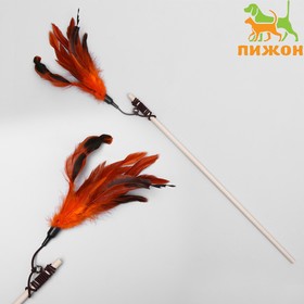 Дразнилка-удочка с перышками и бубенчиком, деревянная палочка 40 см, микс цветов