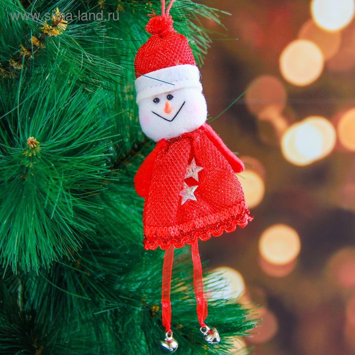 Мягкая подвеска "Снеговик в шубке с двумя звёздами" 15 см красный - Фото 1