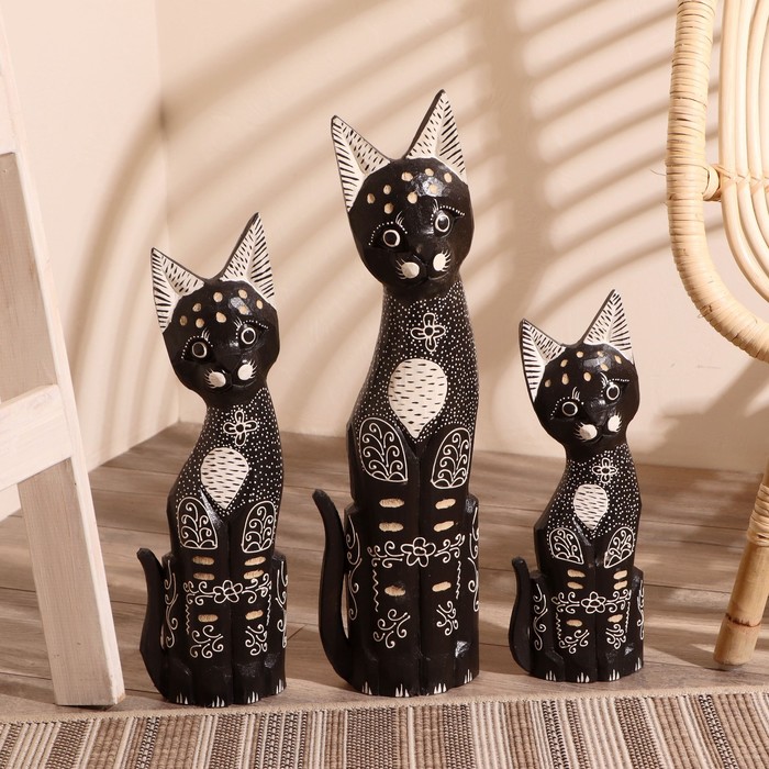Сувенир «Кошки расписанные серебром», набор 3 шт., h=30 см, h=40 см, h=50 см, дерево