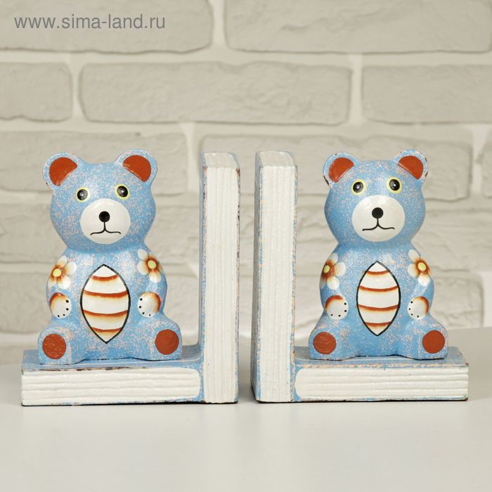 Подставка-держатель для книг дерево "Голубые мишки в цветочек" набор из 2 шт 16х27х8 см - Фото 1