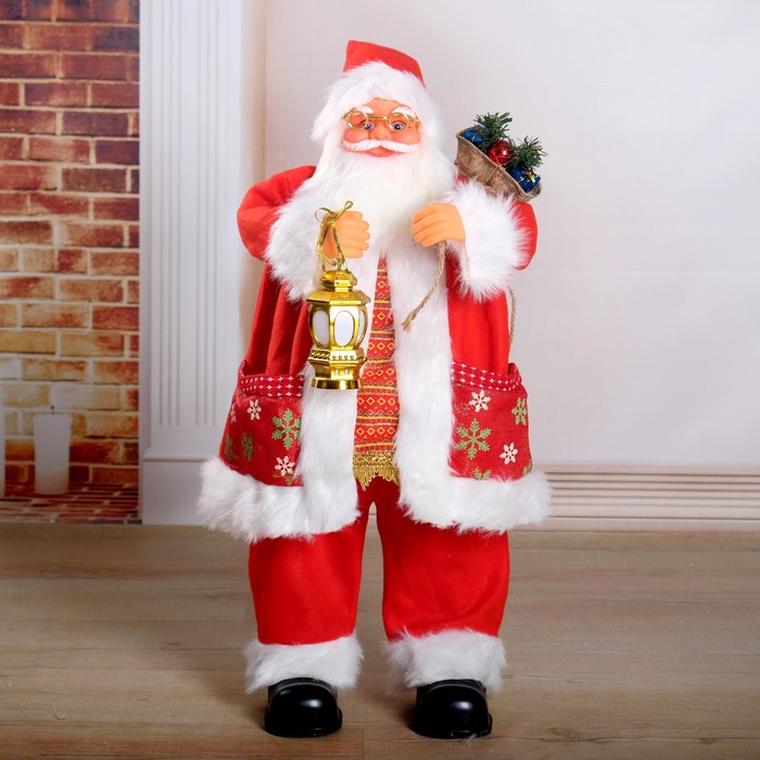 Дед Мороз "Красная шубка, в очках, с фонариком" двигается, с подсветкой, 70 см