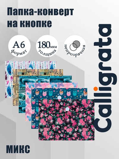 Папка-конверт на кнопке, А6, 180 мкм, МИКС
