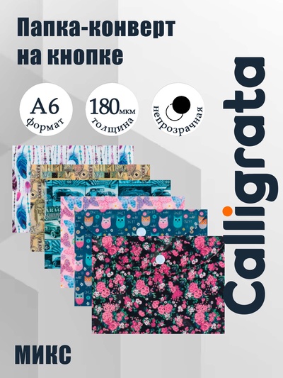 Папка-конверт на кнопке, А6, 180 мкм, МИКС