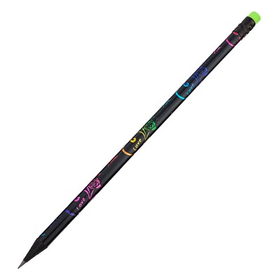 Карандаш простой, чернографитный с ластиком, твёрдость НВ, корпус чёрный с цветным узором