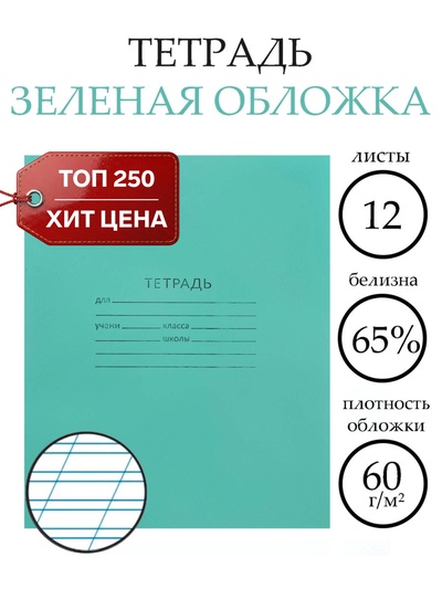 Тетрадь 12 листов в косую линейку «Зелёная обложка», эконом, плотность обложки 60 г/м²