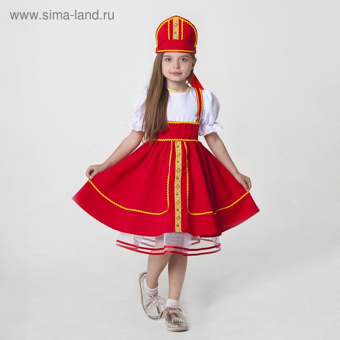 Русский народный костюм, кокошник, сарафан с рубашкой, цвет красный, рост 122-128, 6-7 лет - Фото 1