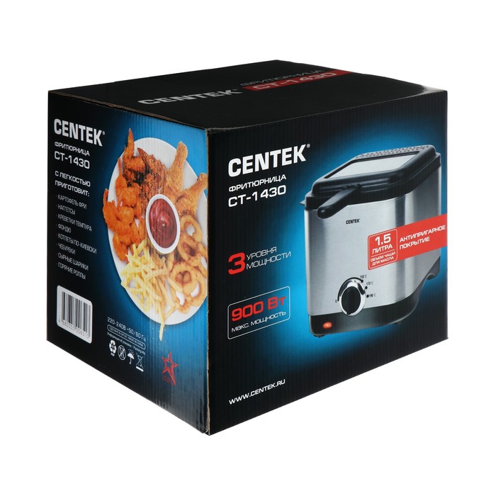 Фритюрница Centek CT-1430, 900 Вт, 1.5 л , антипригарная чаша, серебристая - фото 51331408