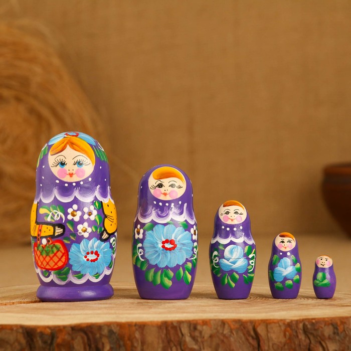Матрёшка «Корзинка», фиолетовый платок, 5 кукольная, 10,5 см - Фото 1