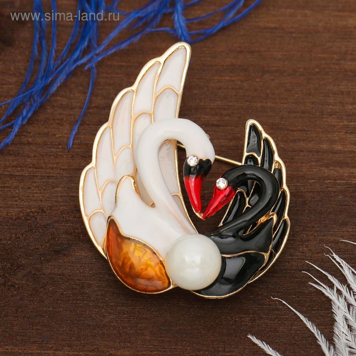 Брошь «Лебеди», цвет черно-белый в золоте - Фото 1