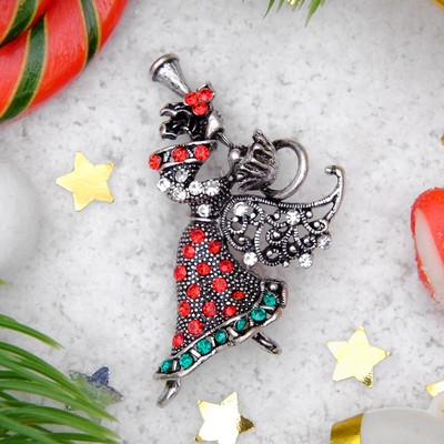 Брошь «Рождественский ангел» музыкальный, цвет красно-зеленый в чернёном золоте