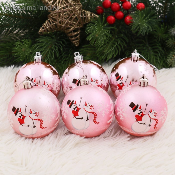 Набор шаров пластик d-7 см, 6 шт "Весёлый снеговик" розовый - Фото 1