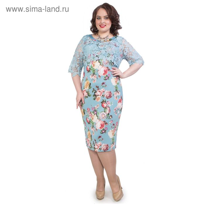 Платье с кружевными рукавами, размер 52, цвет голубой - Фото 1