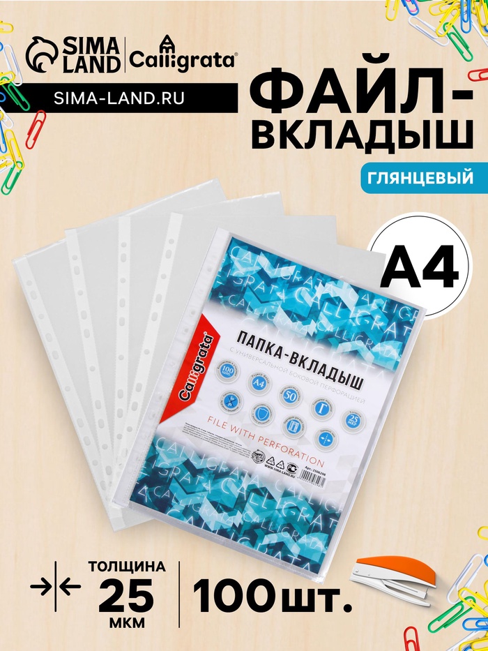 Файл - вкладыш Calligrata, А4, 25 мкм, глянцевый, вертикальный, 100 штук - Фото 1