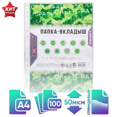 Файл - вкладыш Calligrata «Люкс», А4, 50 мкм, глянцевый, вертикальный, 100 штук
