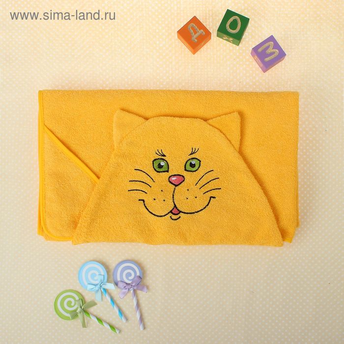 Полотенце-накидка махровое «Котик», размер 75×125 см, цвет жёлтый, хлопок, 300 г/м² - Фото 1