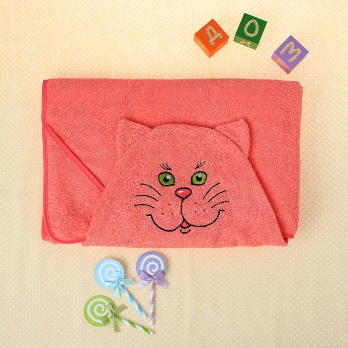 Полотенце-накидка махровое «Котик», размер 75×125 см, цвет персиковый, хлопок, 300 г/м² - Фото 1