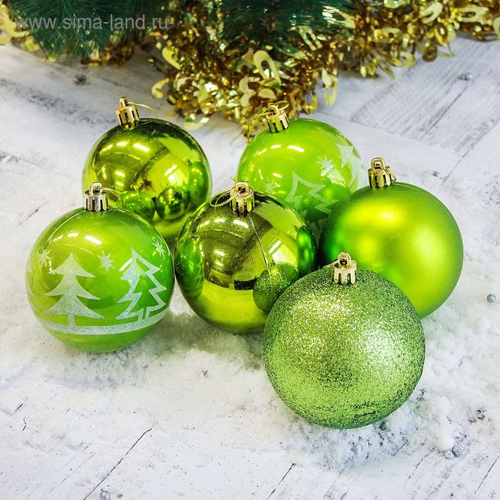 Ёлочные игрушки «Высокие ёлочки», шары новогодние, d=8 см, набор 6 шт., зелёный - Фото 1