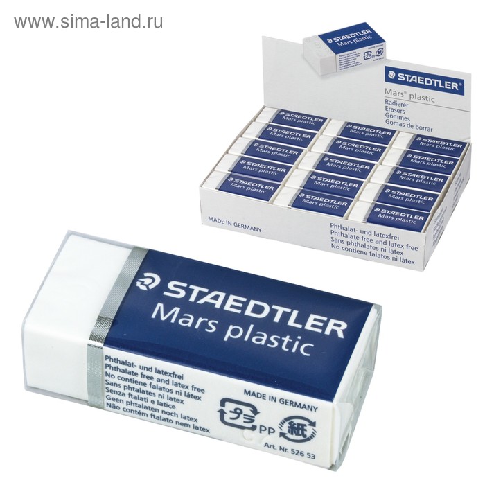 Ластик Staedtler Mars Plastic, 40х19х13мм, прямоугольный, в картонном держателе, белый - Фото 1
