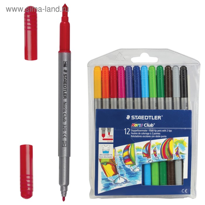 Фломастеры двухсторонние 12 цветов Staedtler 320 NWP12 - Фото 1