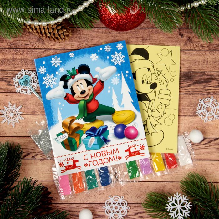 Фреска-открытка "С Новом годом!" Микки Маус + 9 цветов песка по 2 гр, блестки 2 гр,стэка - Фото 1