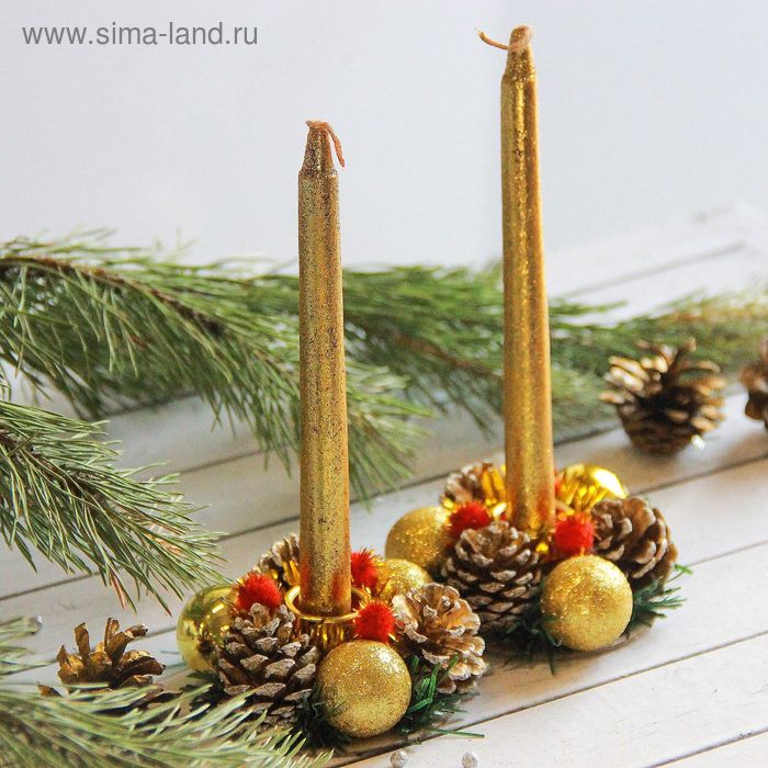 Свеча новогодняя с подсвечником «Золотые шары», набор 4 шт., 4×13×17 см - Фото 1